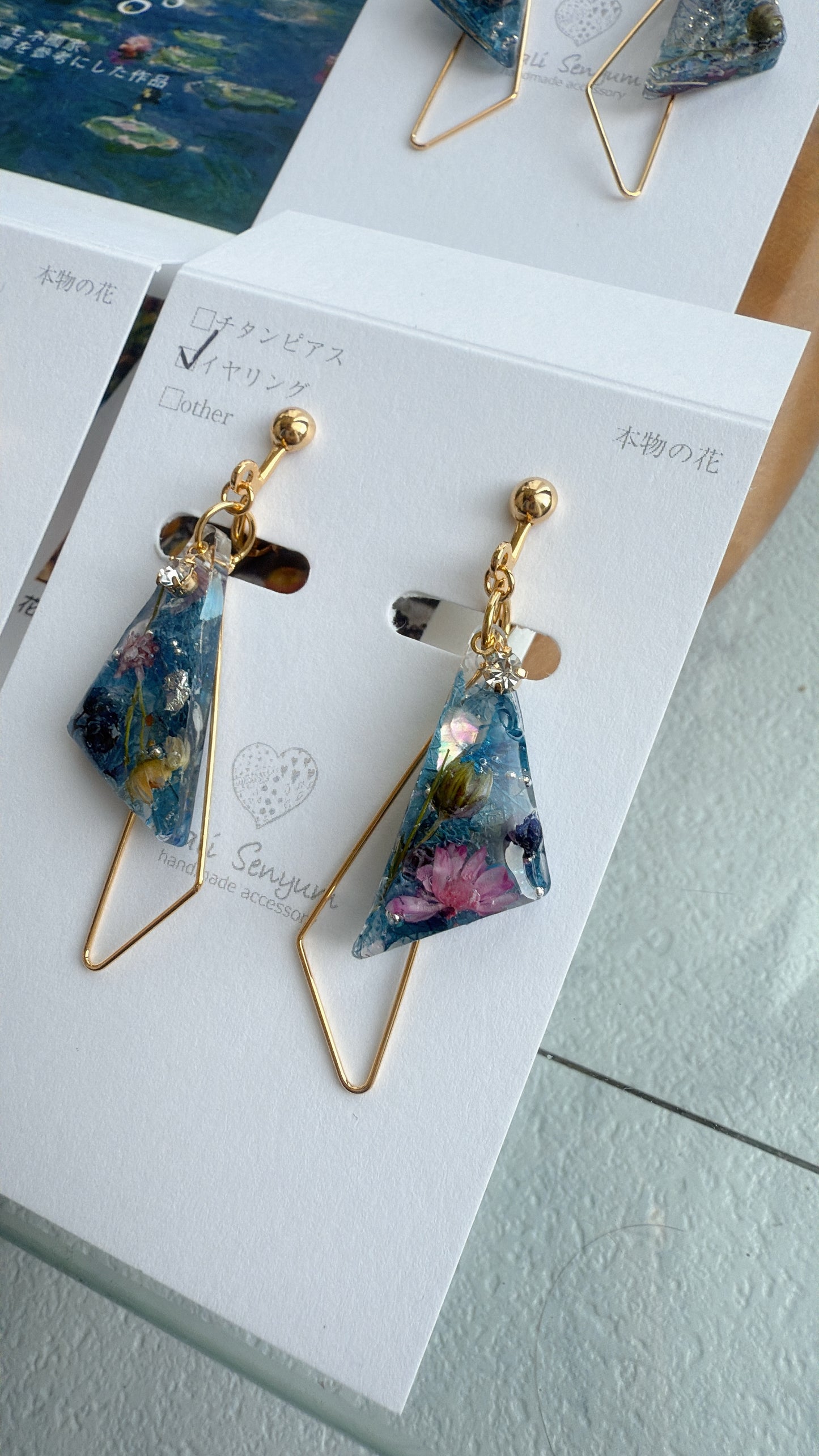 Claude Monet Water Lilies Inspired Triangular Floral Earrings - No.27