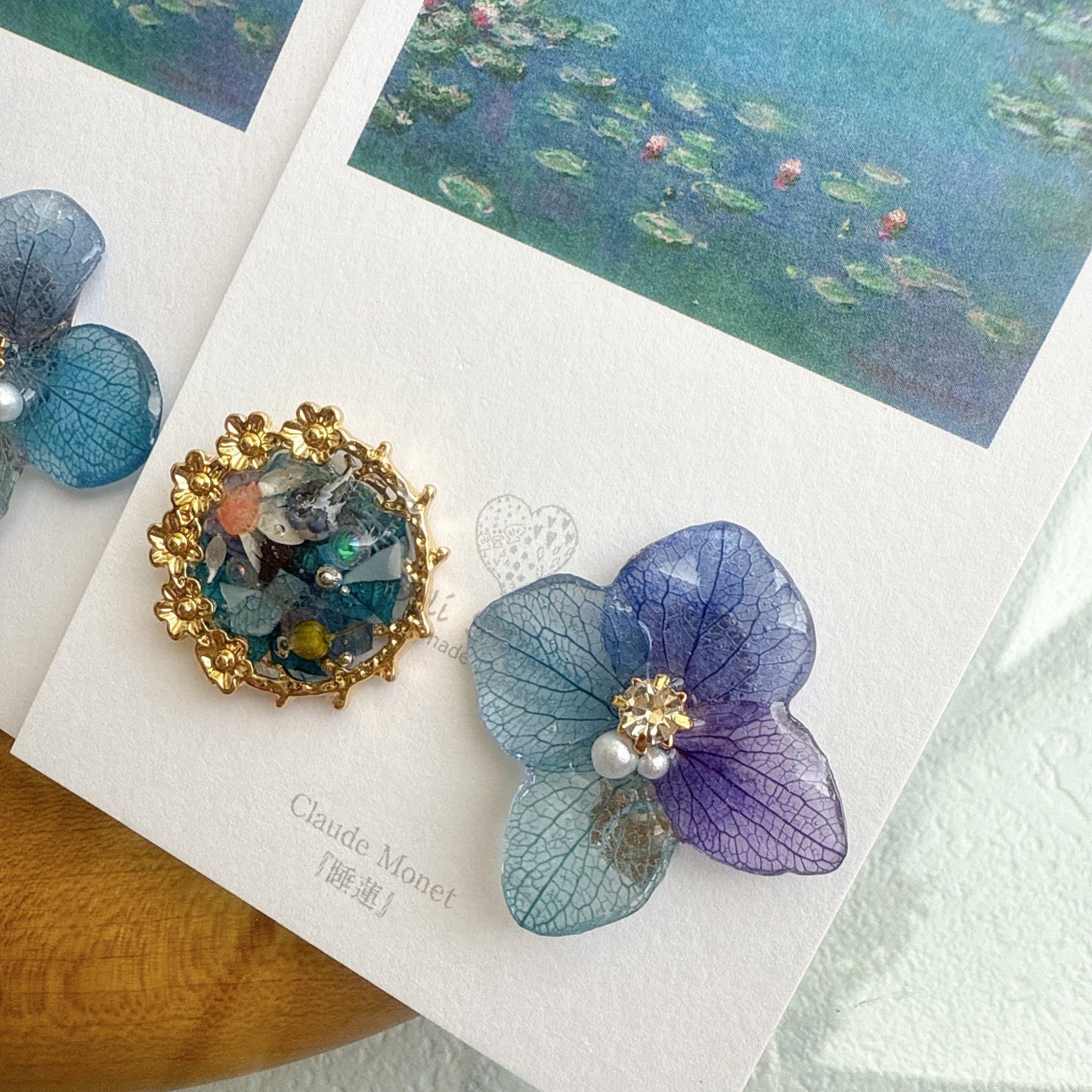 Monet Inspired Flower and Medallion Earrings No.4 イヤリング Clip-on 睡蓮