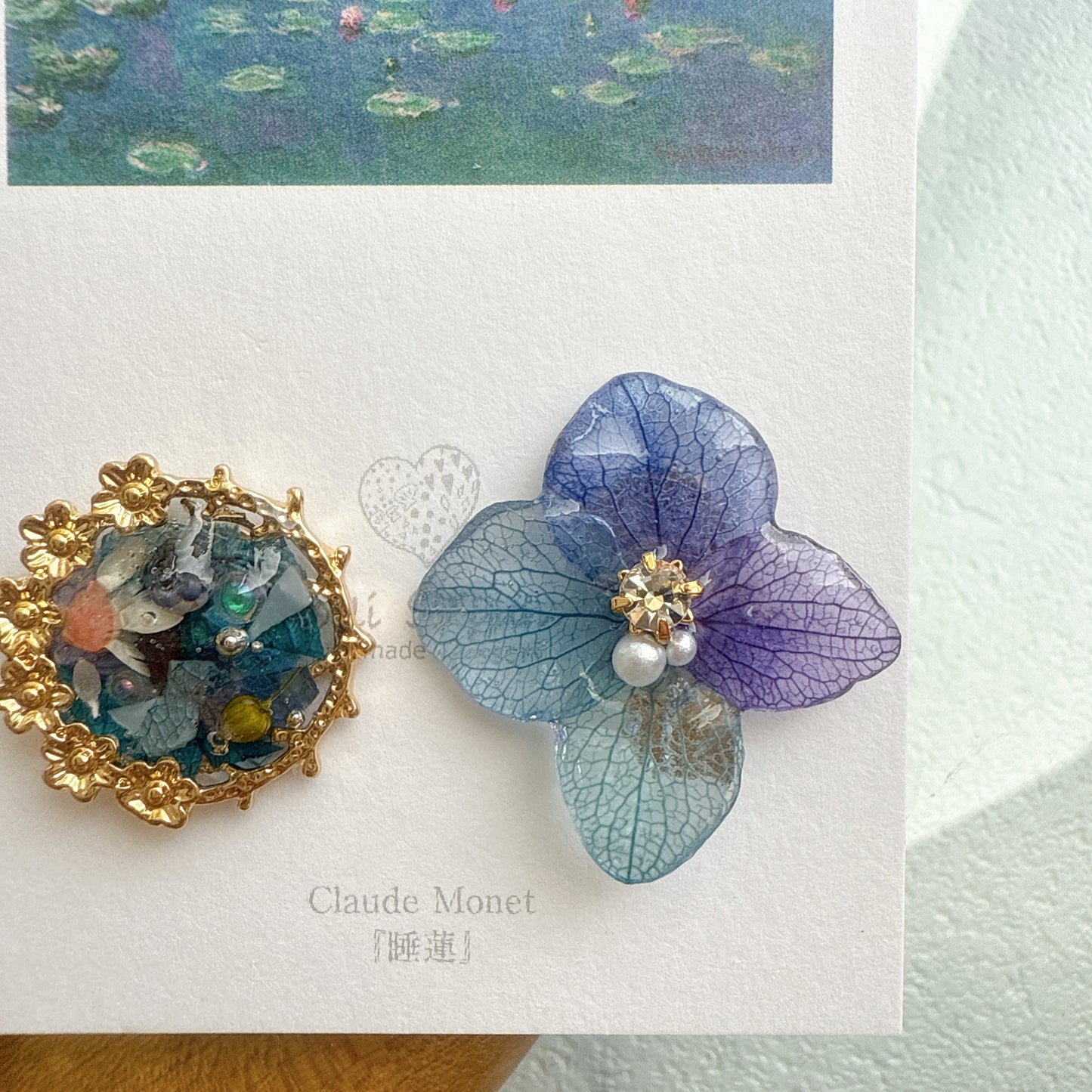 Monet Inspired Flower and Medallion Earrings No.4 イヤリング Clip-on 睡蓮