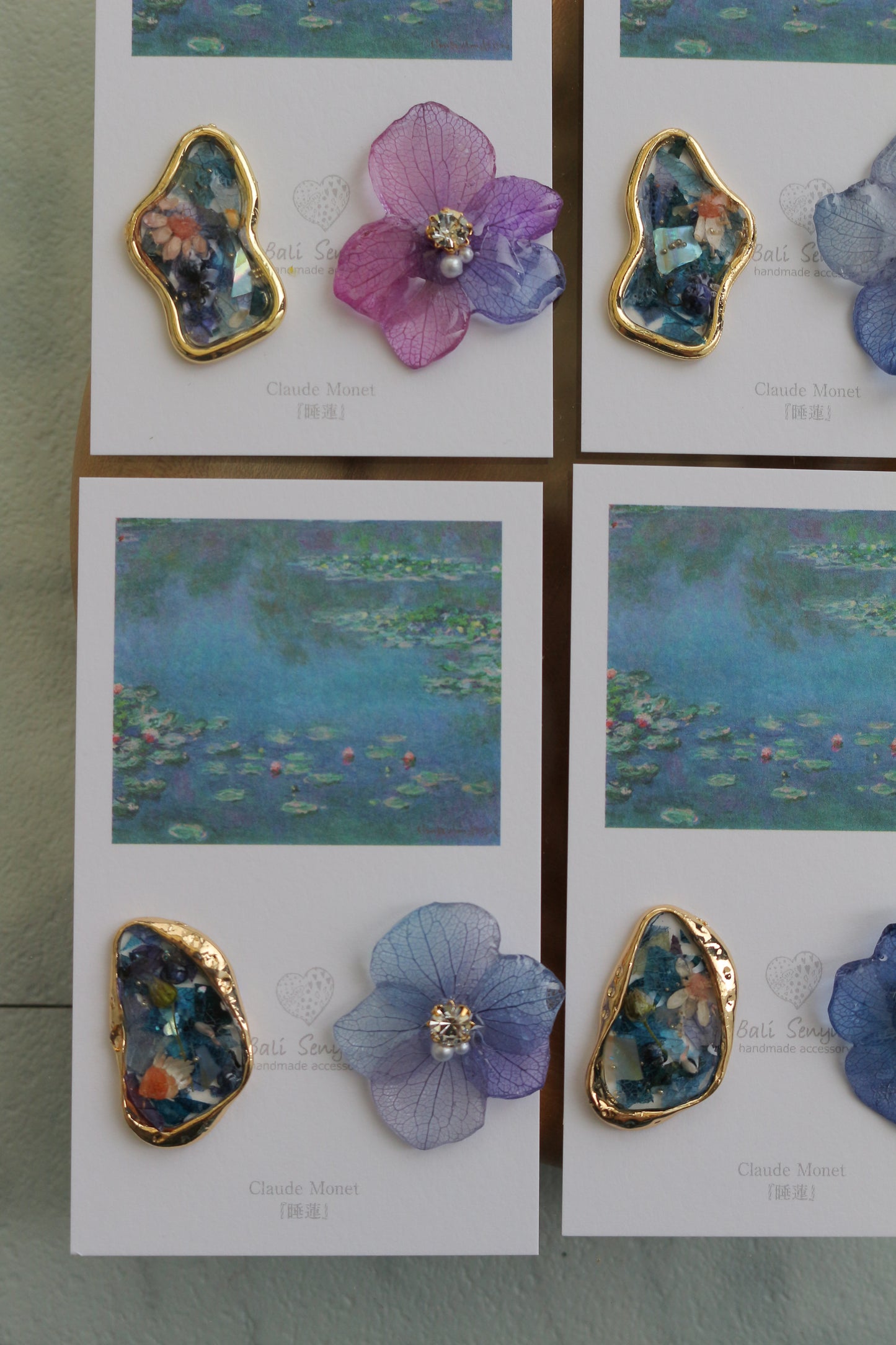 Monet Inspired Flower and Medallion Earrings パーツ選べます。Clip-on or Titanium Pierce