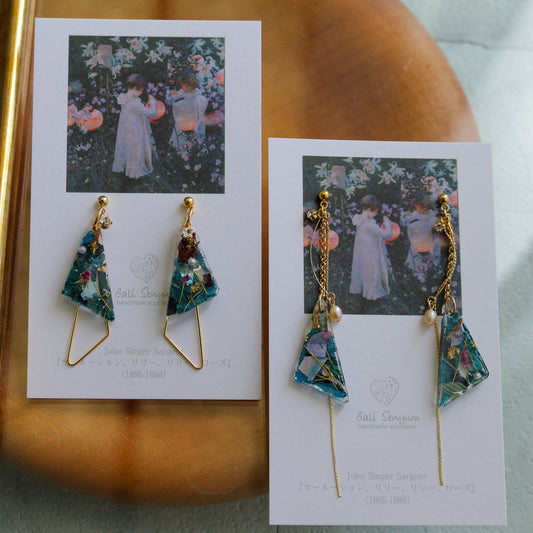 Sargent Inspired Triangular Floral Earrings-"カーネーション 、リリー、リリー、ローズ"