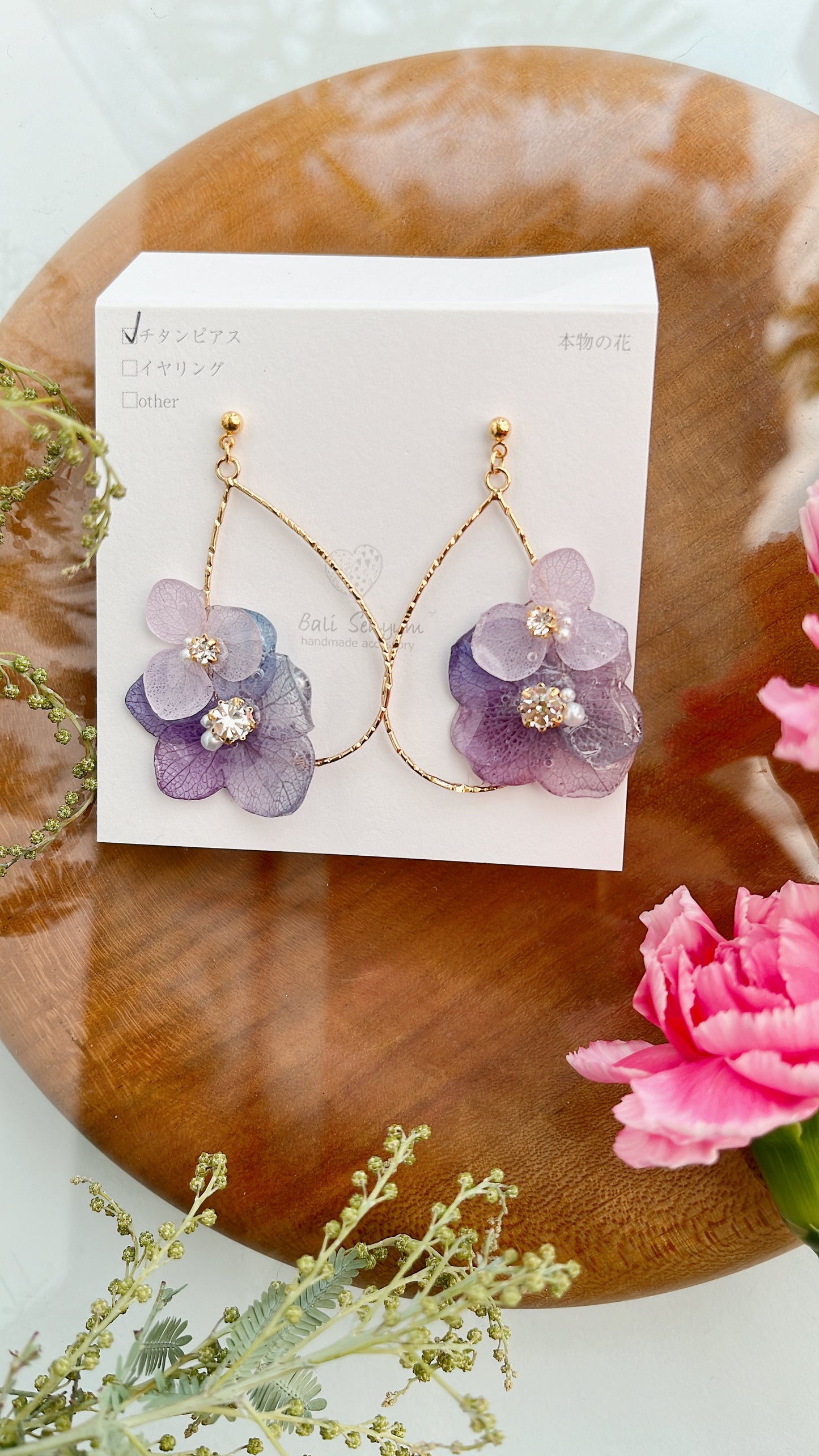 Teardrop Hoop Earrings with Hydrangeas No.14