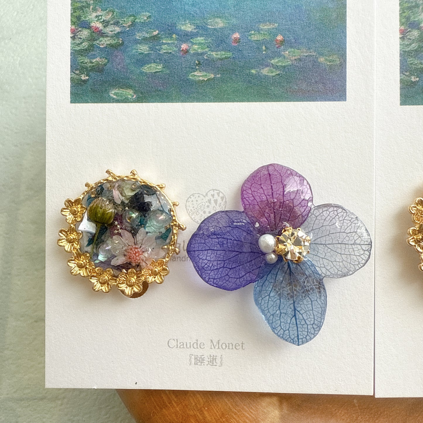 Monet Inspired Flower and Medallion Earrings No.4 イヤリング Clip-on 睡蓮