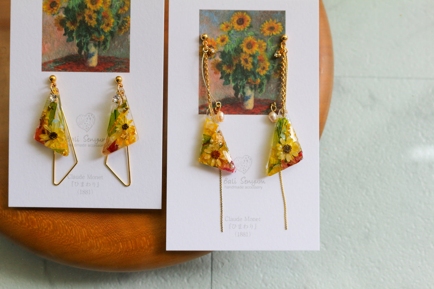 Claude Monet Sunflowers Inspired Triangular Floral Earrings-ひまわり