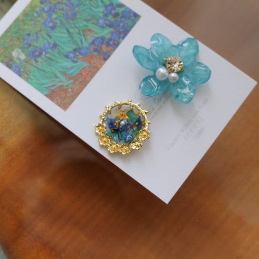 Gogh Inspired Flower and Medallion No. 4 Pierceチタンピアス -アイリス
