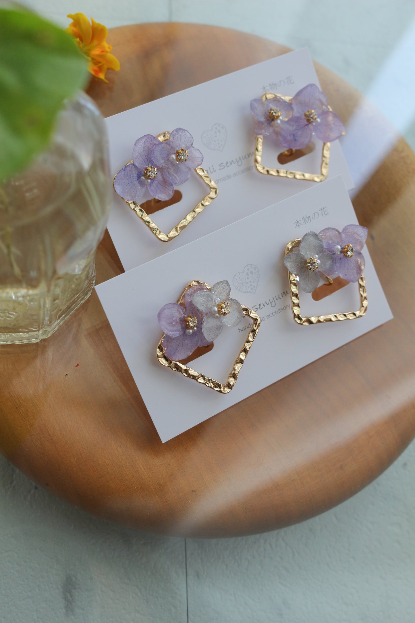 Square Metal with Hydrangea イヤリング Clip-on No.2