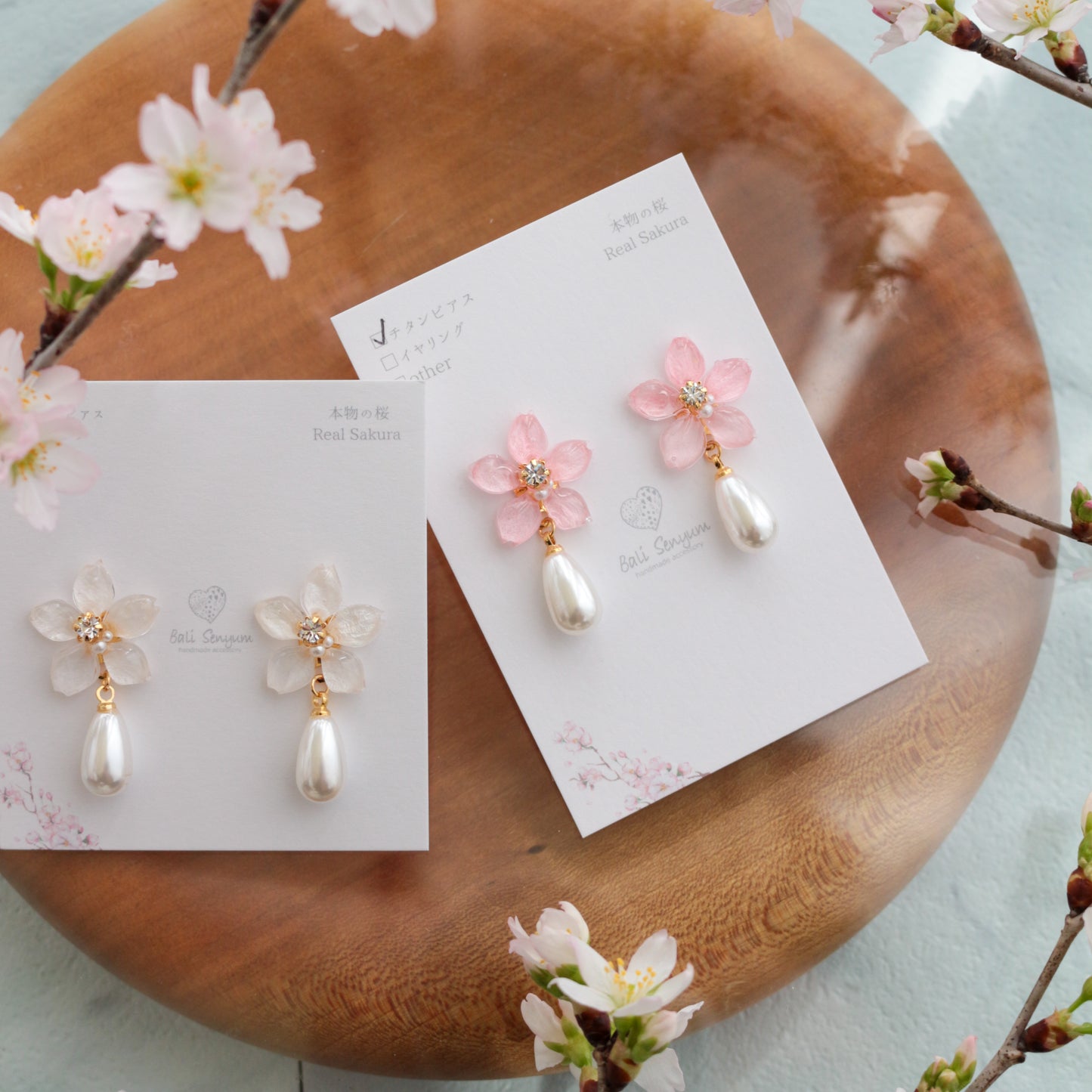 Small Someiyoshino Sakura Earrings with Drop Pearl