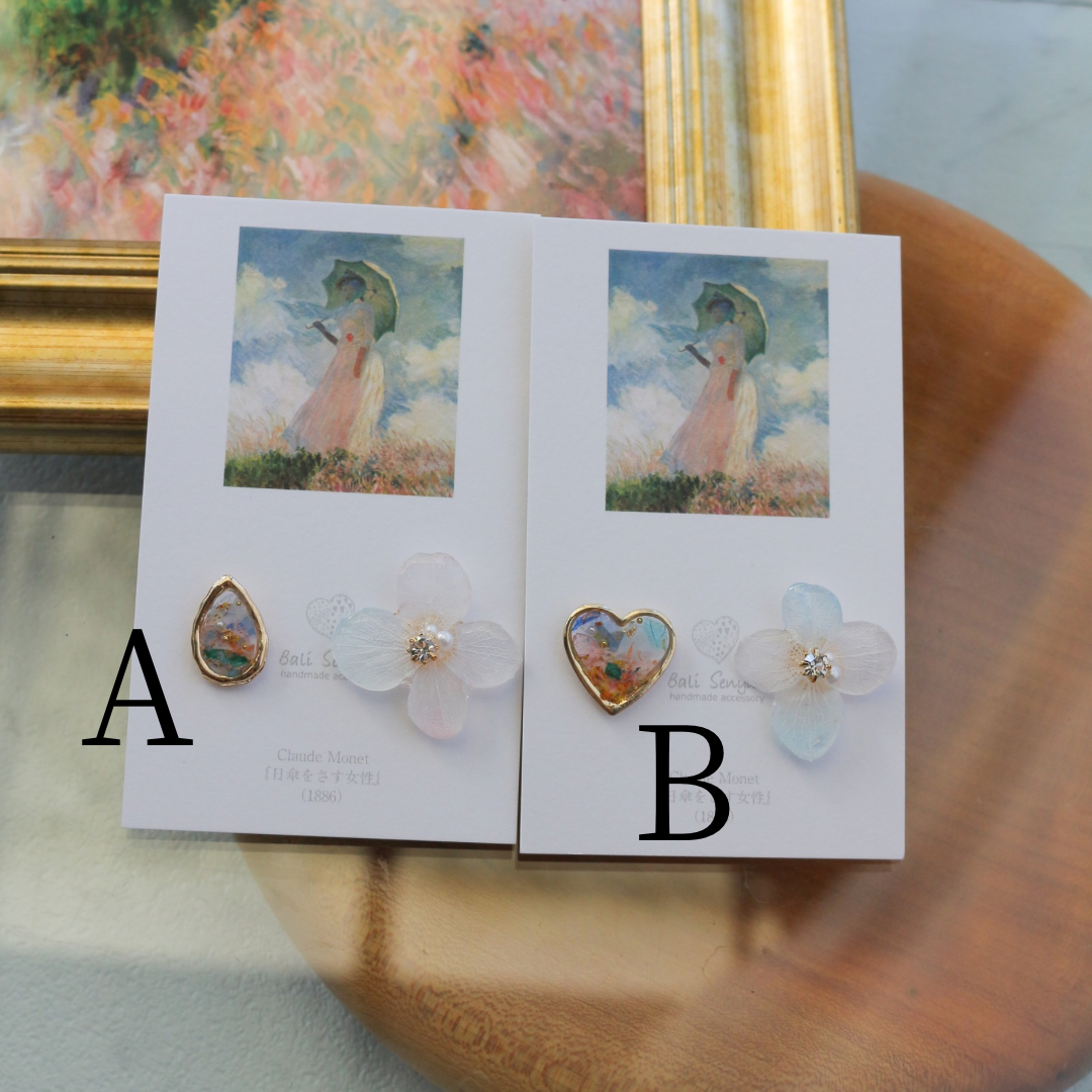Monet Inspired Flower Earrings No.7 ピアスTitanium Pierce 日傘をさす女性