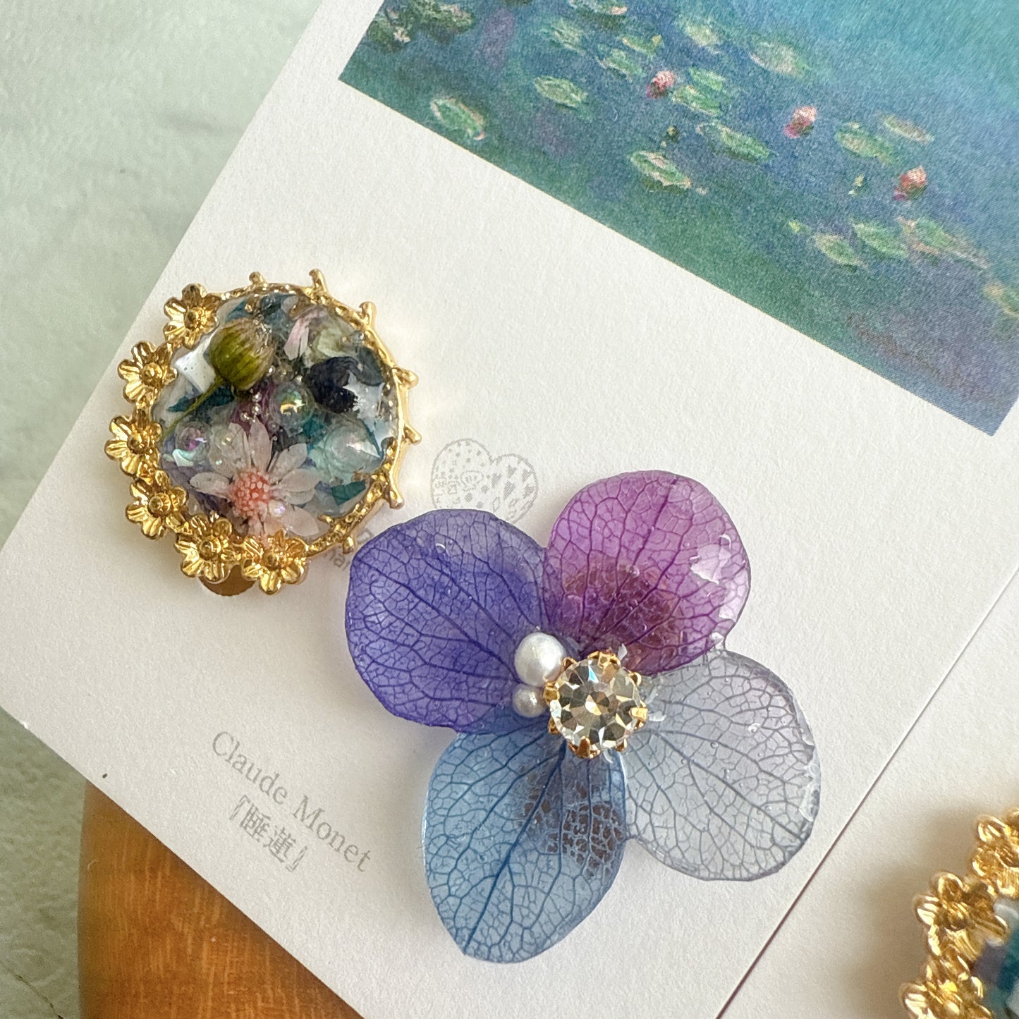 Monet Inspired Flower and Medallion Earrings No.4 イヤリング Clip-on 睡蓮