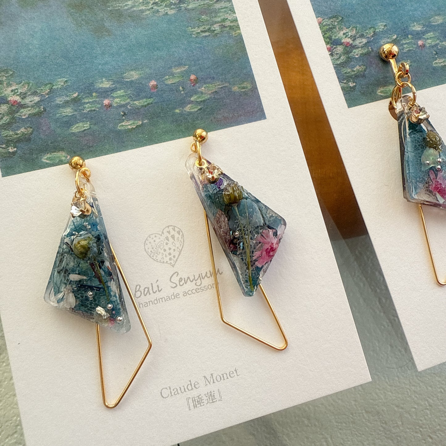 Claude Monet Water Lilies Inspired Triangular Floral Earrings - No.32
