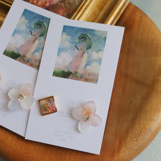 Monet Inspired Flower Earrings No.8 ピアスTitanium Pierce 日傘をさす女性