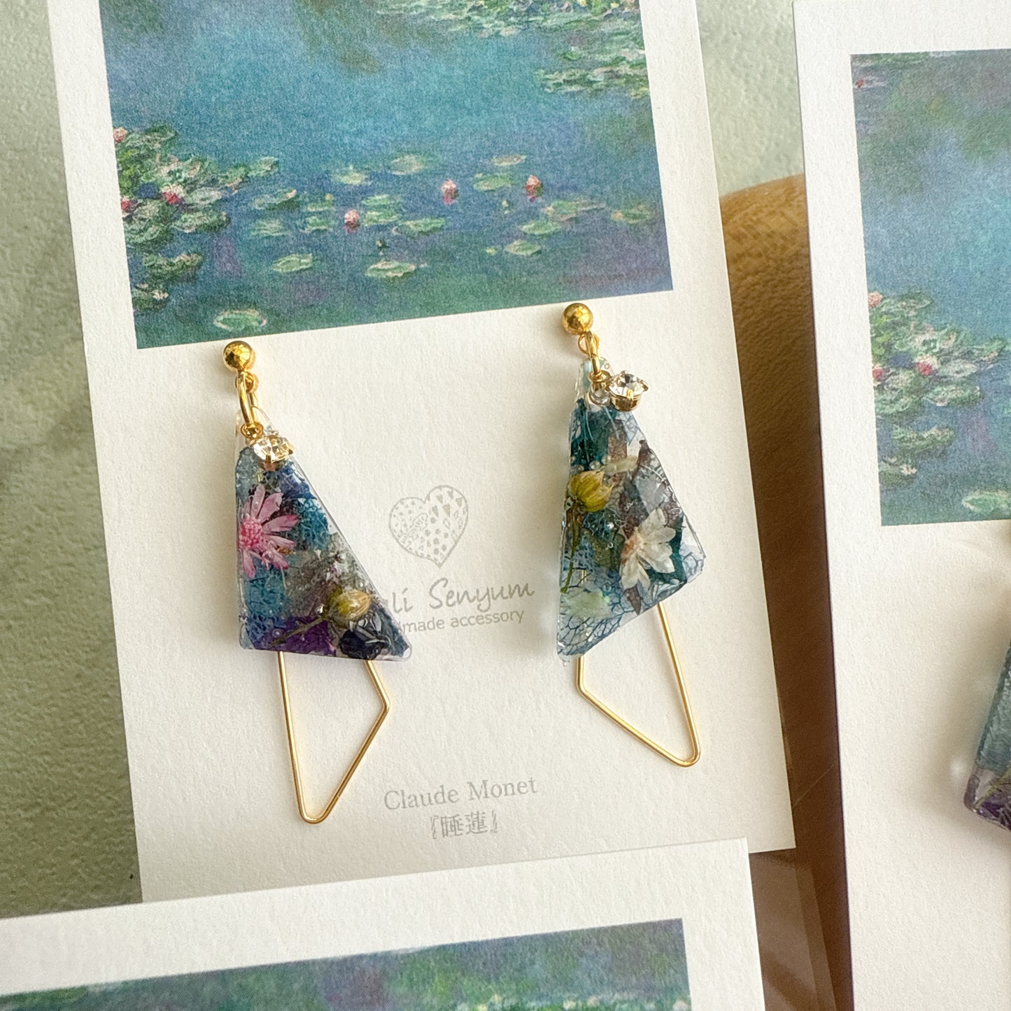 Claude Monet Water Lilies Inspired Triangular Floral Earrings - No.38