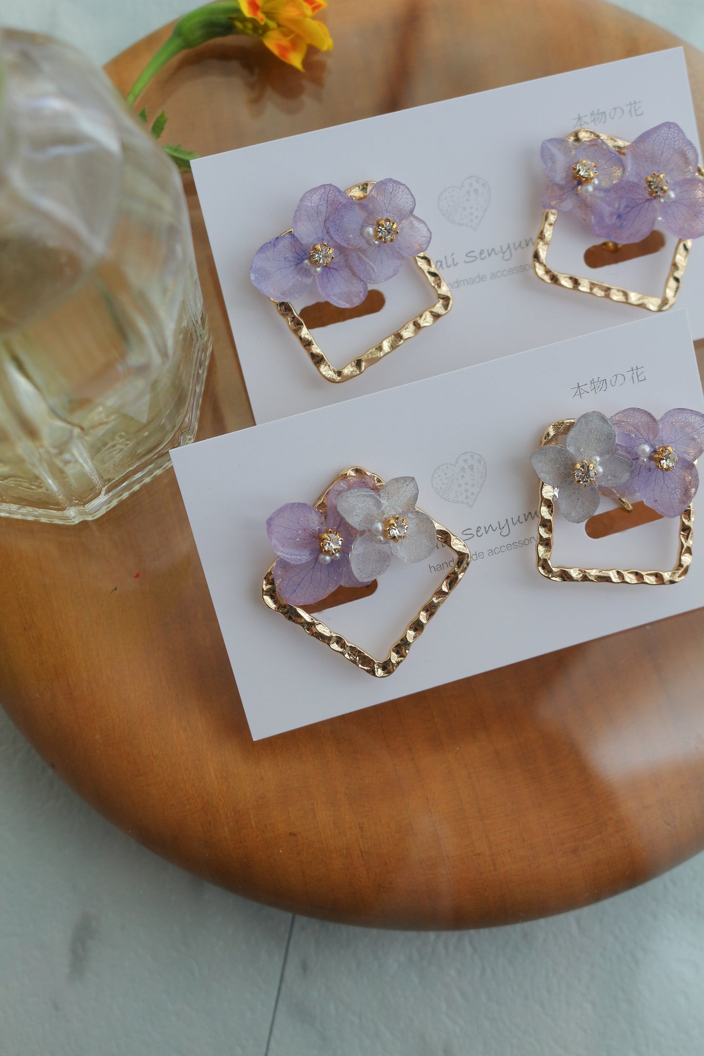 Square Metal with Hydrangea イヤリング Clip-on No.2