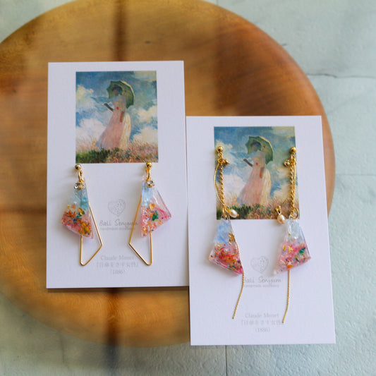 Claude Monet Woman with a Parasol Inspired Triangular Floral Earrings-散歩(日傘をさす女性)