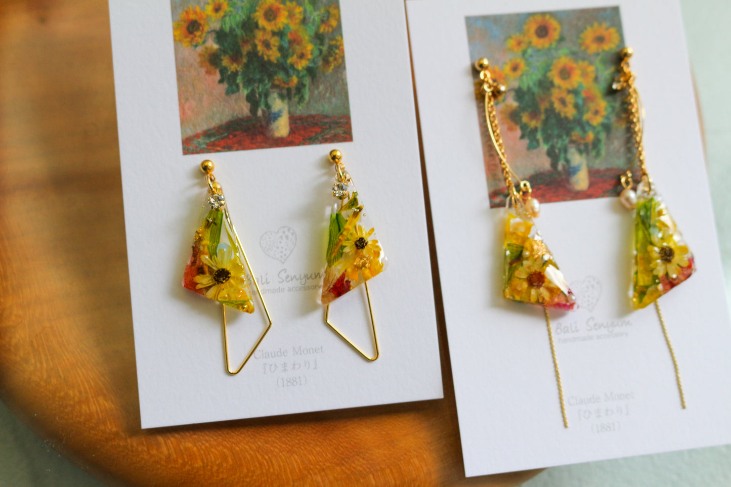 Claude Monet Sunflowers Inspired Triangular Floral Earrings-ひまわり