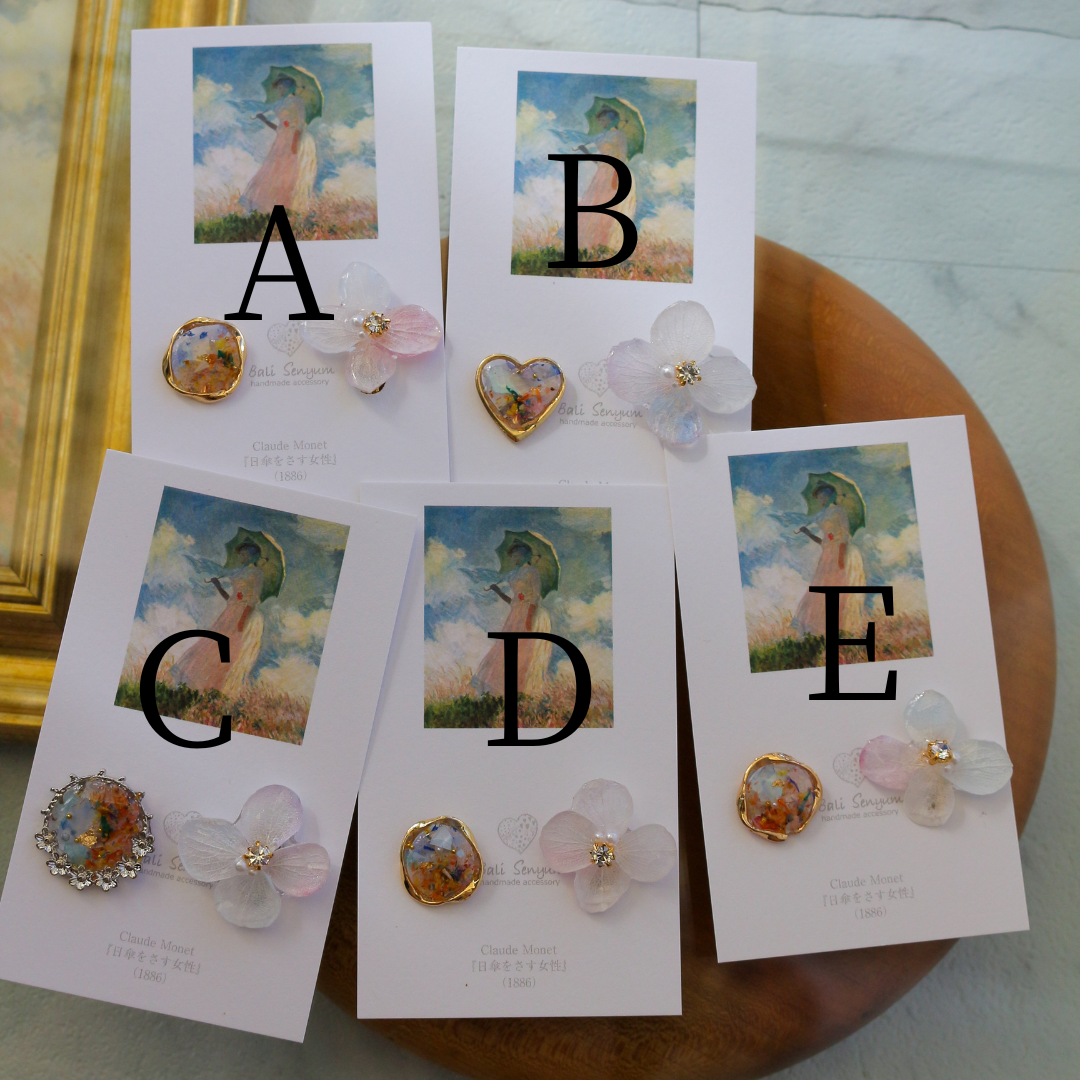 Monet Inspired Flower Earrings No.5 イヤリングClip-on 日傘をさす女性