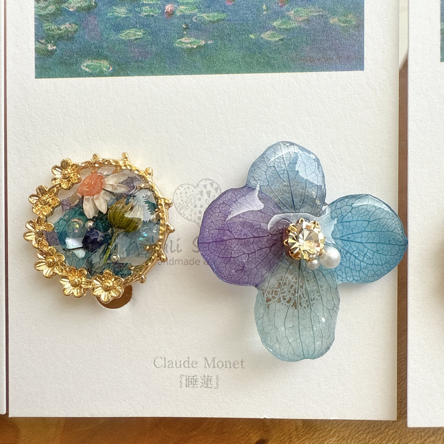 Monet Inspired Flower and Medallion Earrings No.4 イヤリング Clip-on 睡蓮