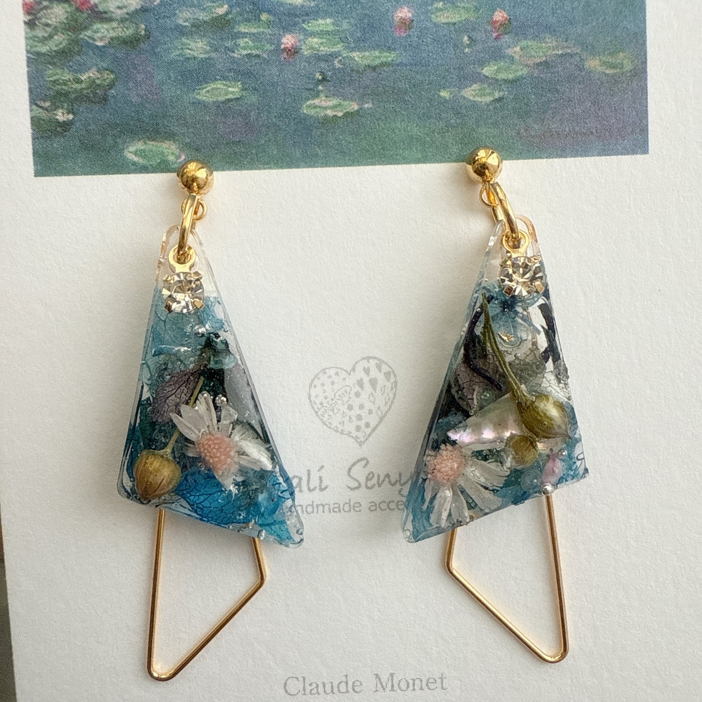 Claude Monet Water Lilies Inspired Triangular Floral Earrings - No.29
