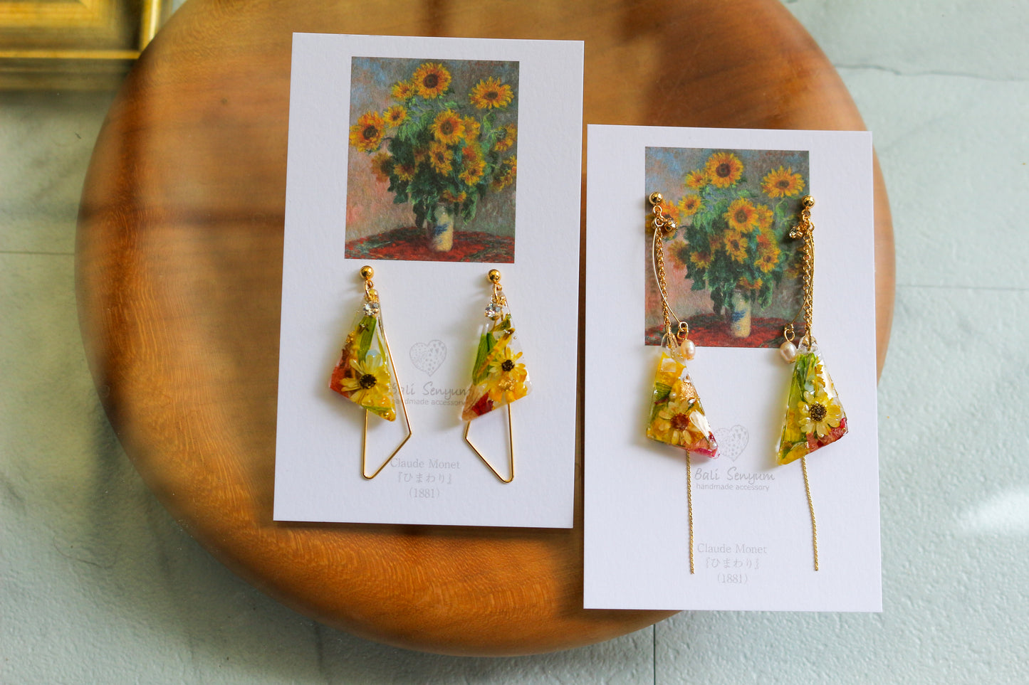Claude Monet Sunflowers Inspired Triangular Floral Earrings-ひまわり