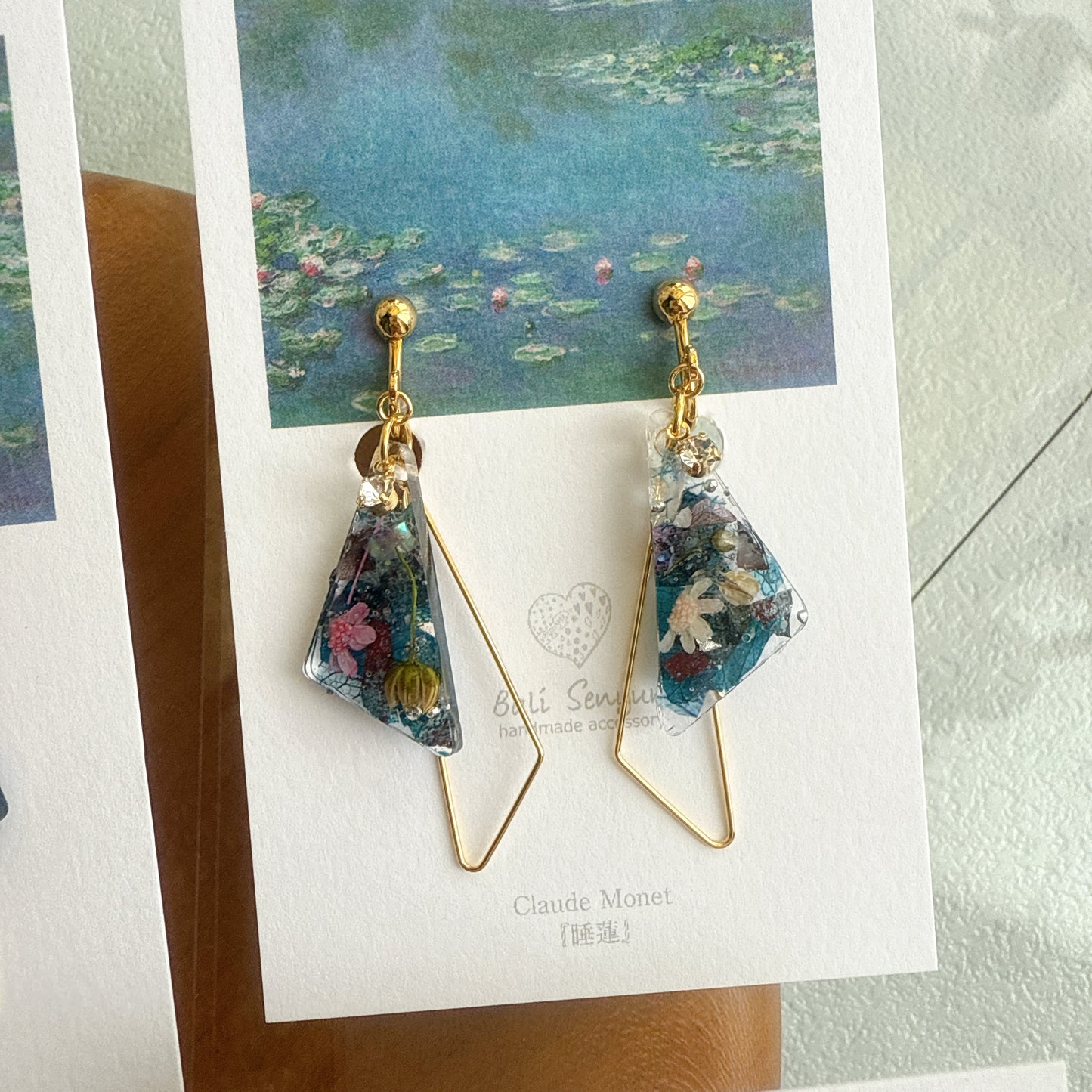 Claude Monet Water Lilies Inspired Triangular Floral Earrings - No.38