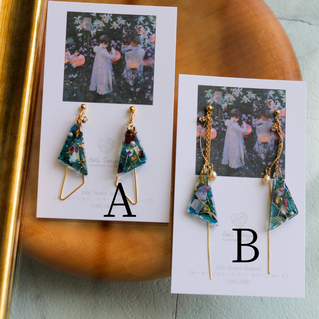 Sargent Inspired Triangular Floral Earrings-"カーネーション 、リリー、リリー、ローズ"