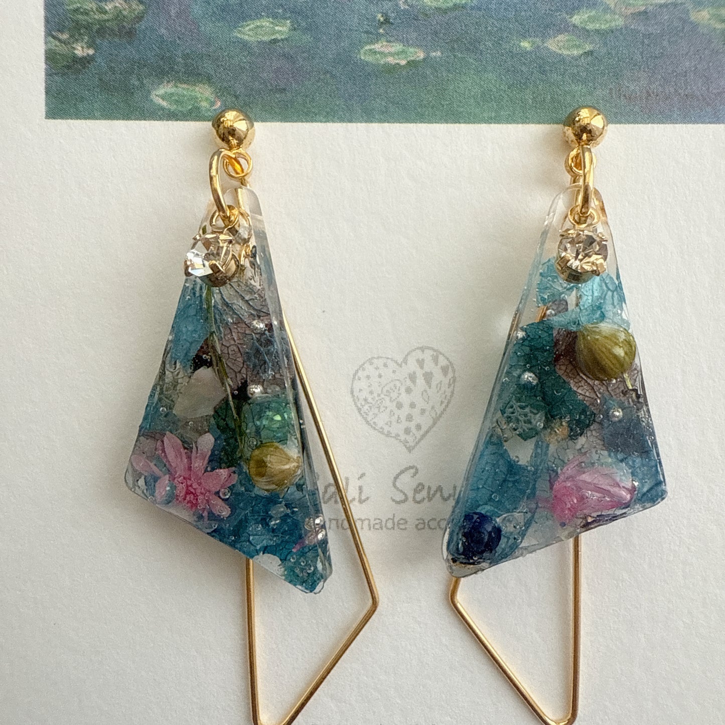 Claude Monet Water Lilies Inspired Triangular Floral Earrings - No.29
