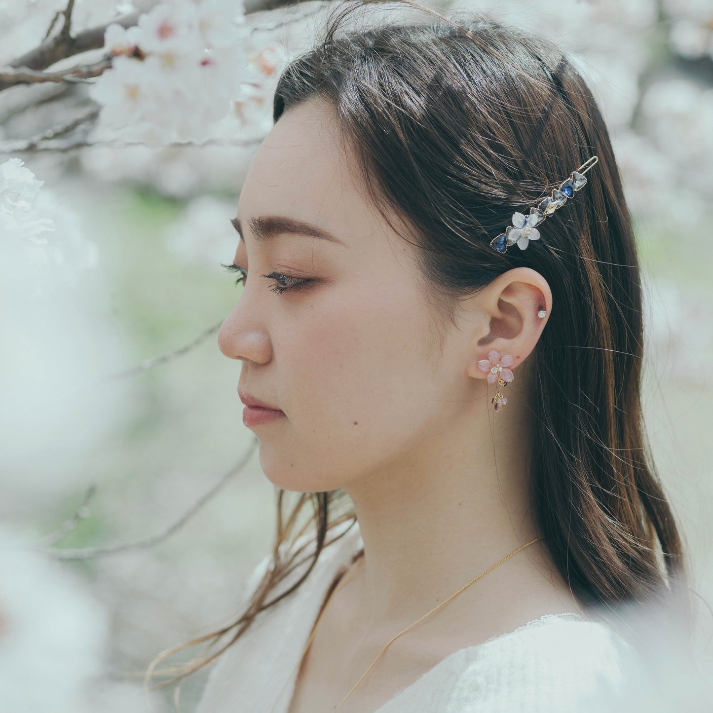 Someiyoshino Sakura Earrings with Petal and Bead Bouquet No.2 #S012