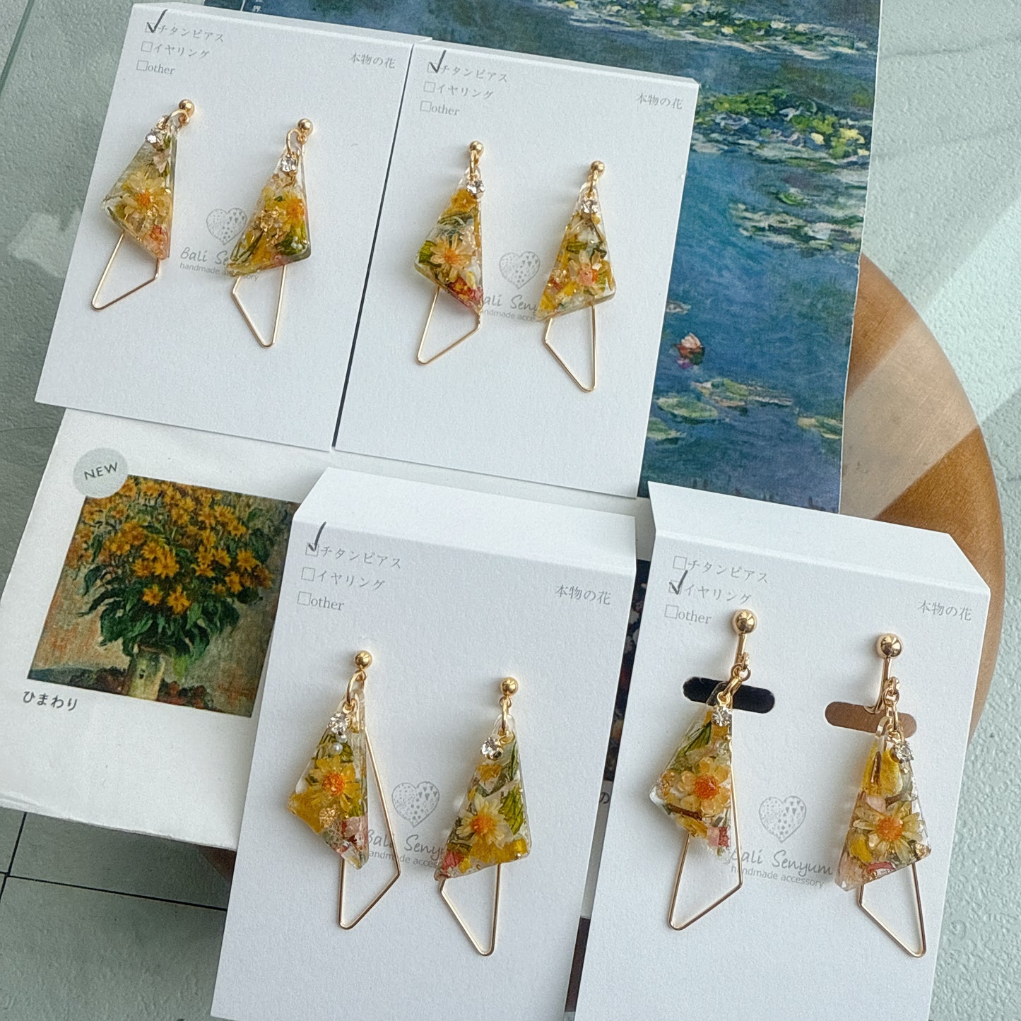 Claude Monet Sunflower Inspired Triangular Floral Earrings - ひまわり No.11