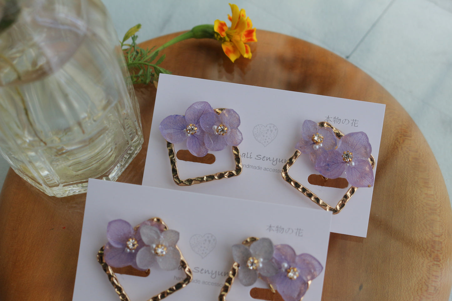 Square Metal with Hydrangea イヤリング Clip-on No.2