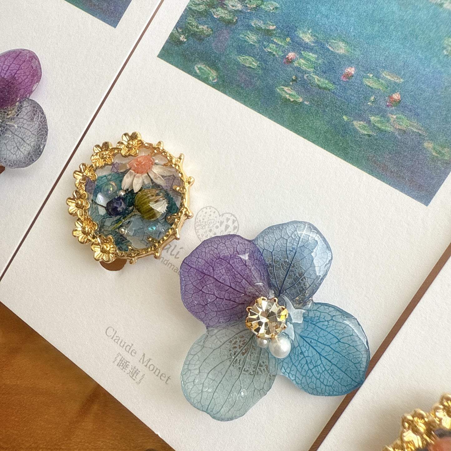 Monet Inspired Flower and Medallion Earrings No.4 イヤリング Clip-on 睡蓮