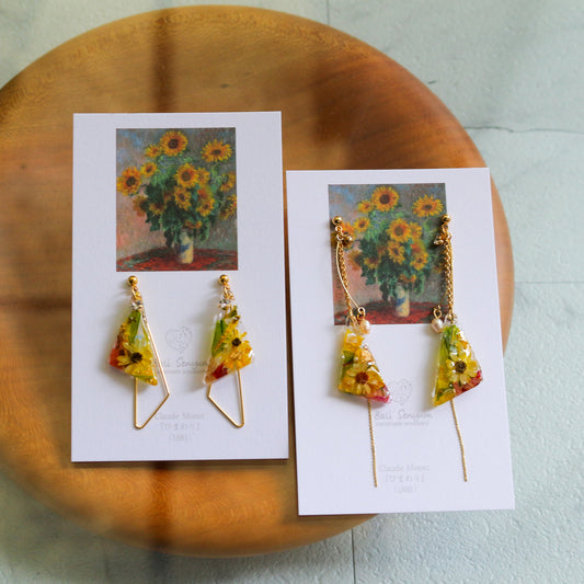 Claude Monet Sunflowers Inspired Triangular Floral Earrings-ひまわり