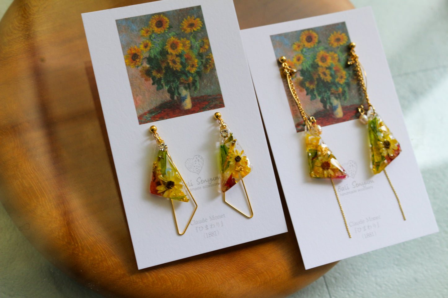 Claude Monet Sunflowers Inspired Triangular Floral Earrings-ひまわり