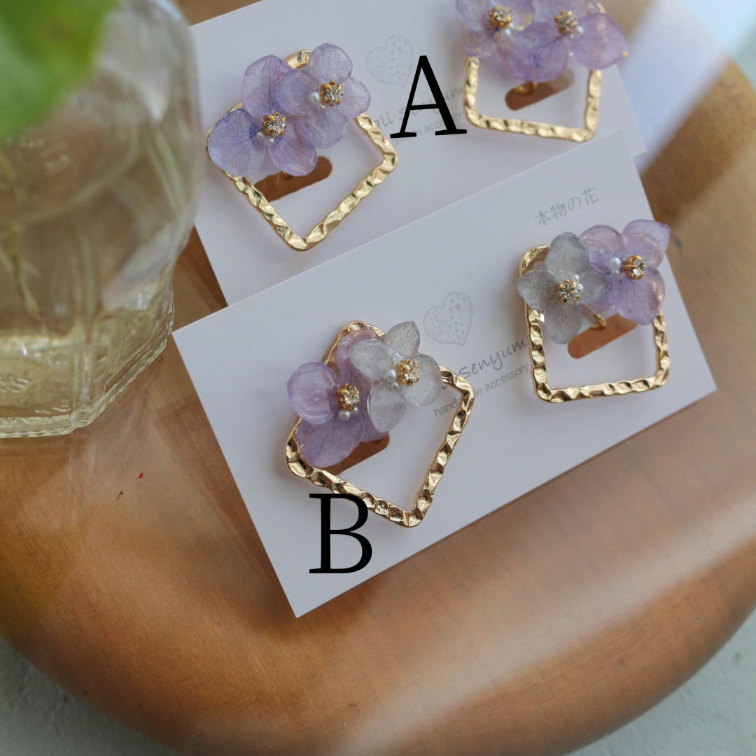 Square Metal with Hydrangea イヤリング Clip-on No.2