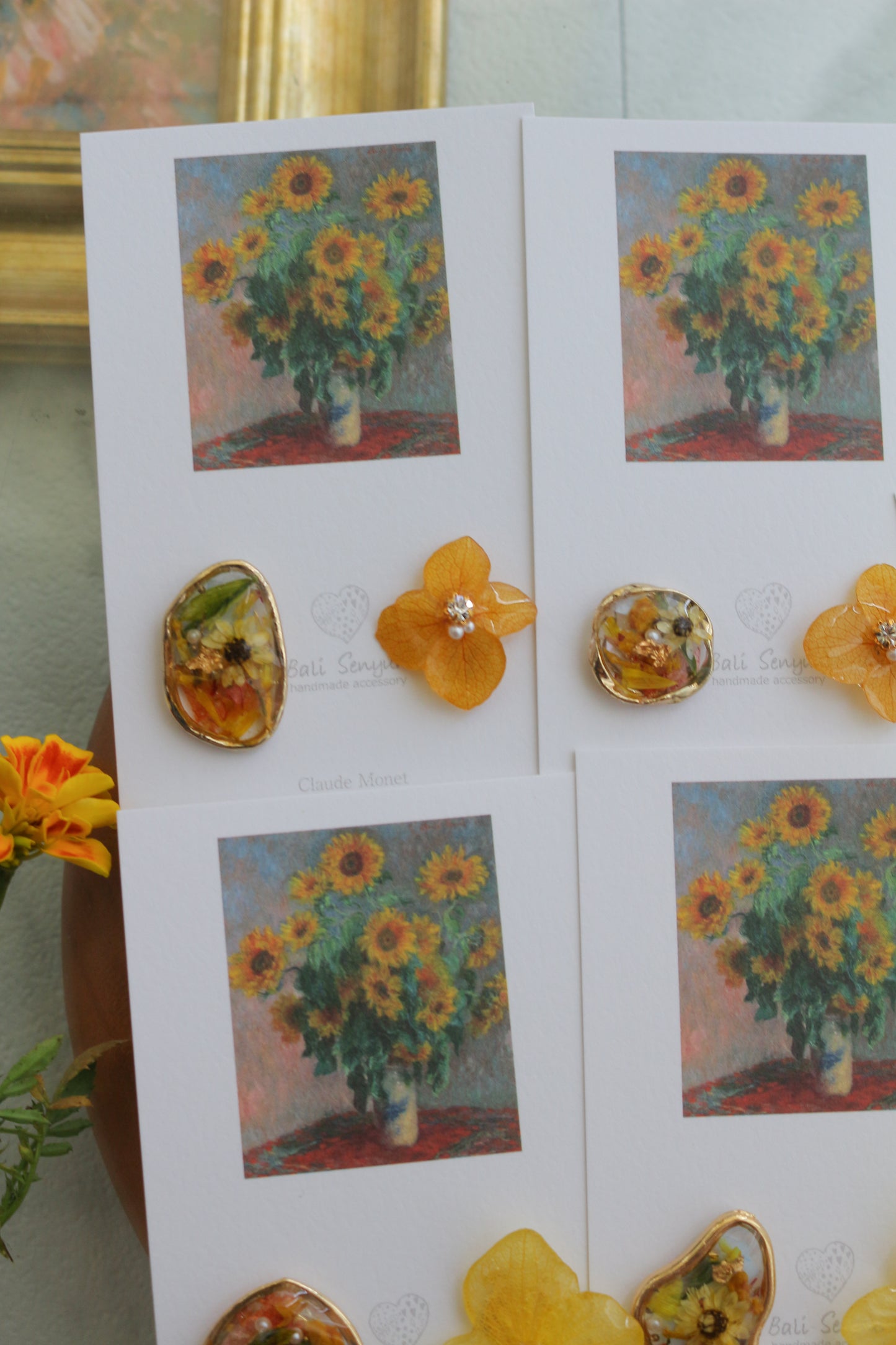 Monet Inspired Flower Earrings No.10 イヤリング Clip-on ひまわり