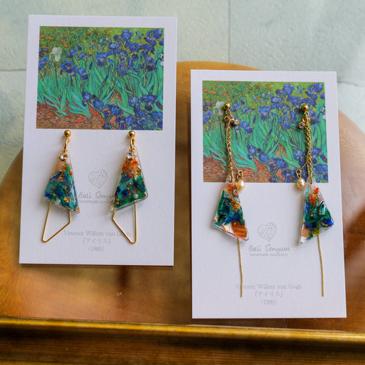 Gogh Inspired Triangular Floral Earrings-アイリス