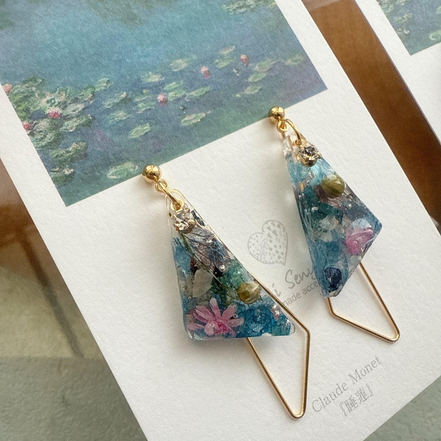 Claude Monet Water Lilies Inspired Triangular Floral Earrings - No.29