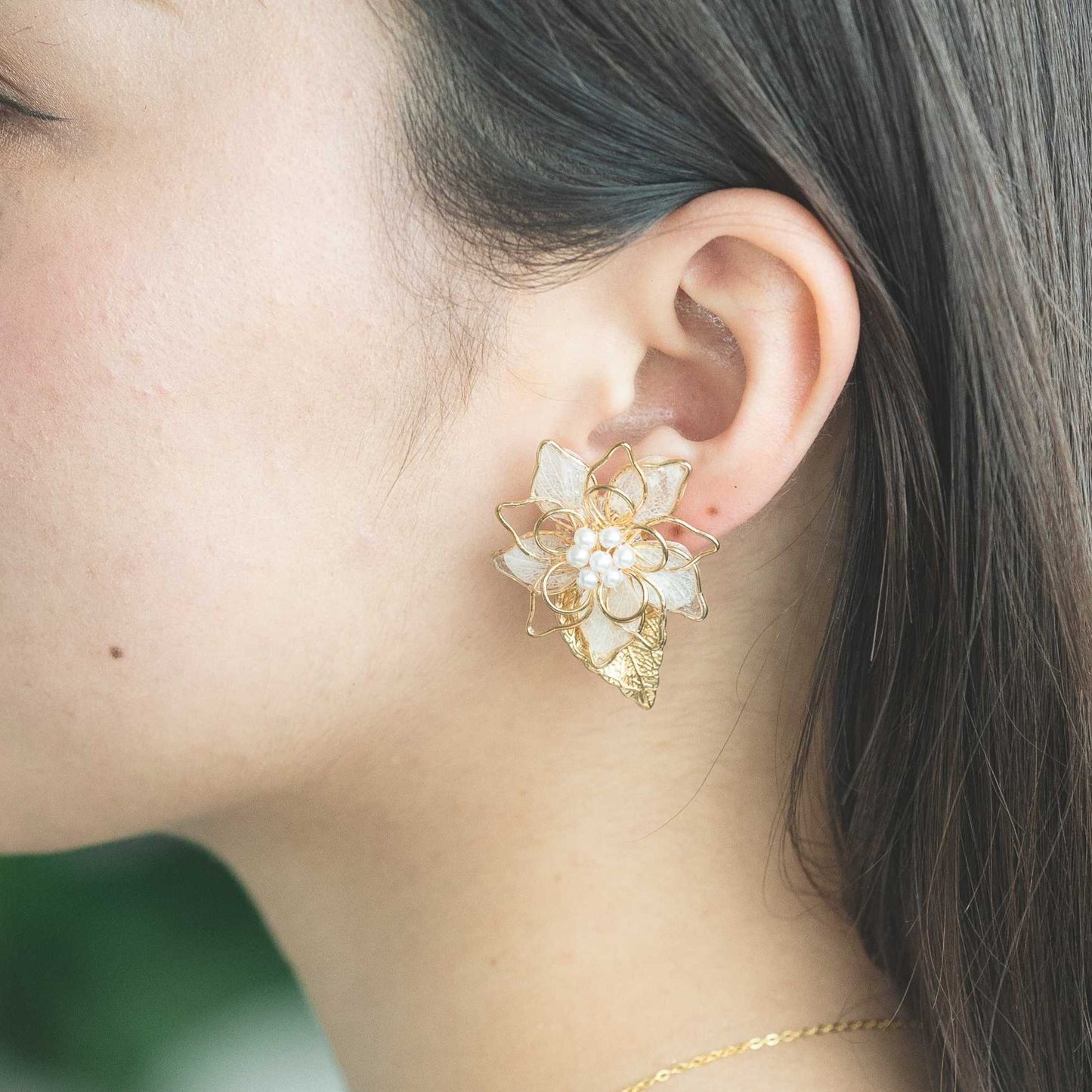 Three Layer Flower Earrings with Small Gold Leaf