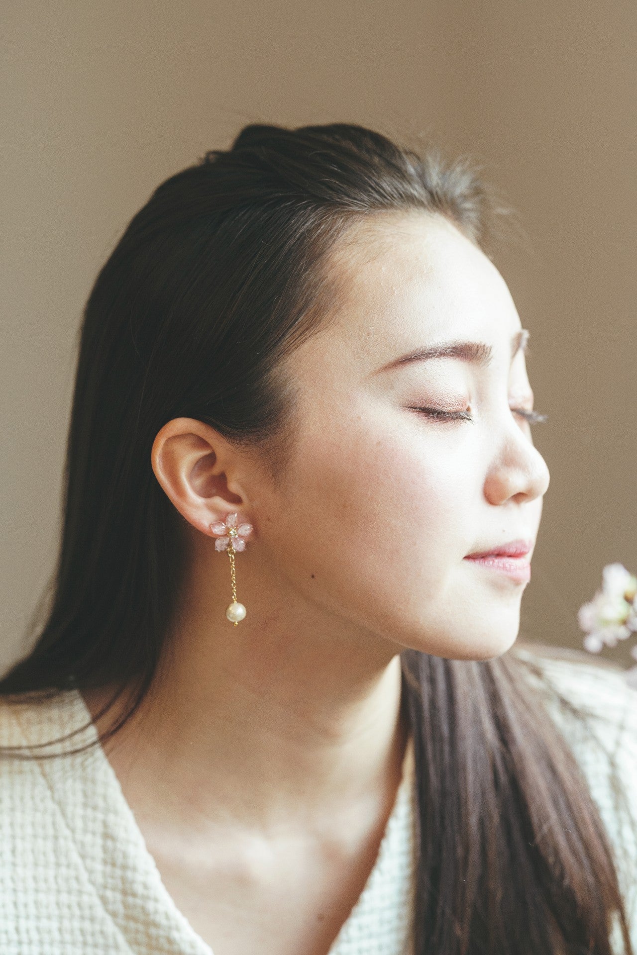 Someiyoshino Sakura Earrings with Japanese Cotton Pearl Chain #S033