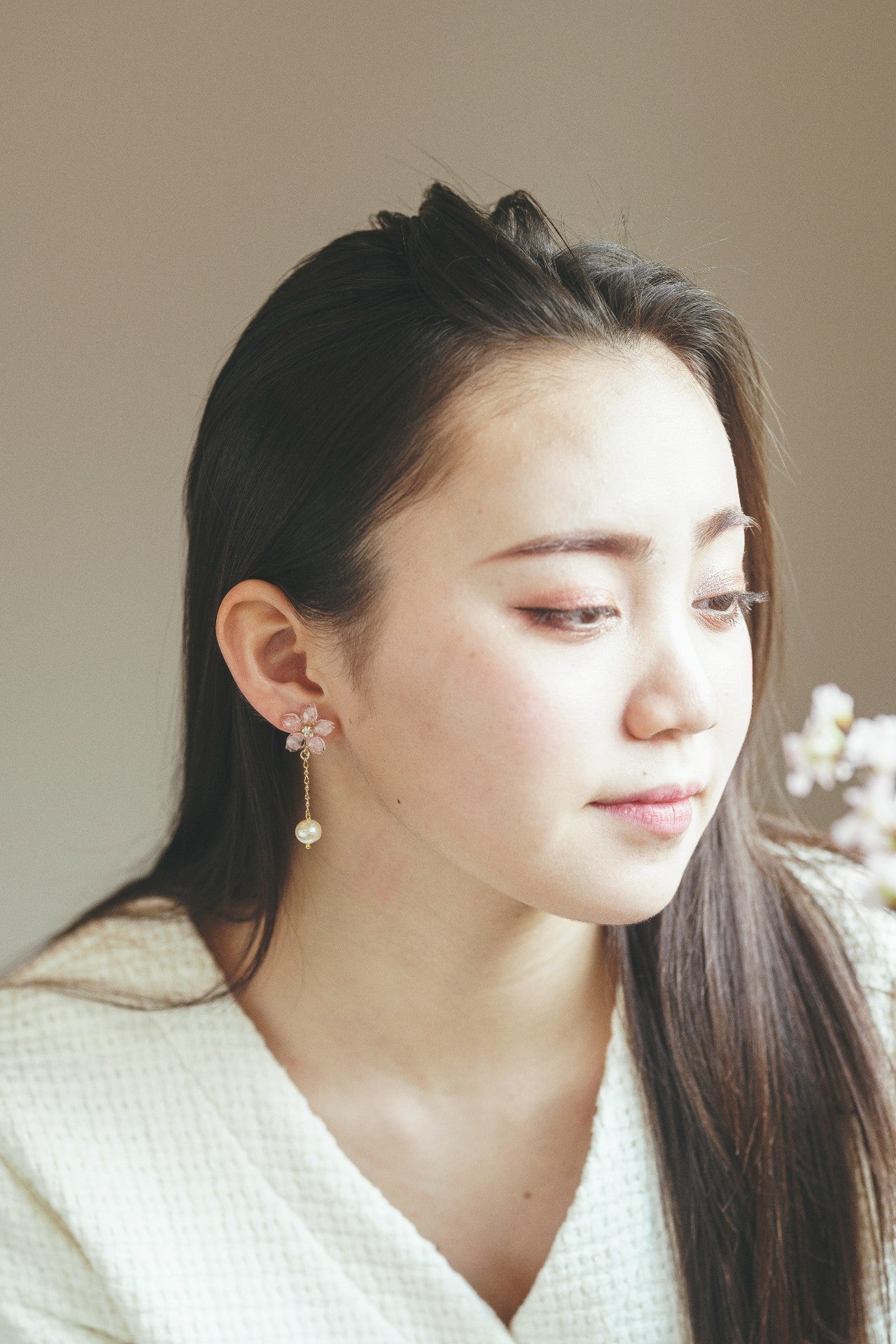 Someiyoshino Sakura Earrings with Japanese Cotton Pearl Chain #S033
