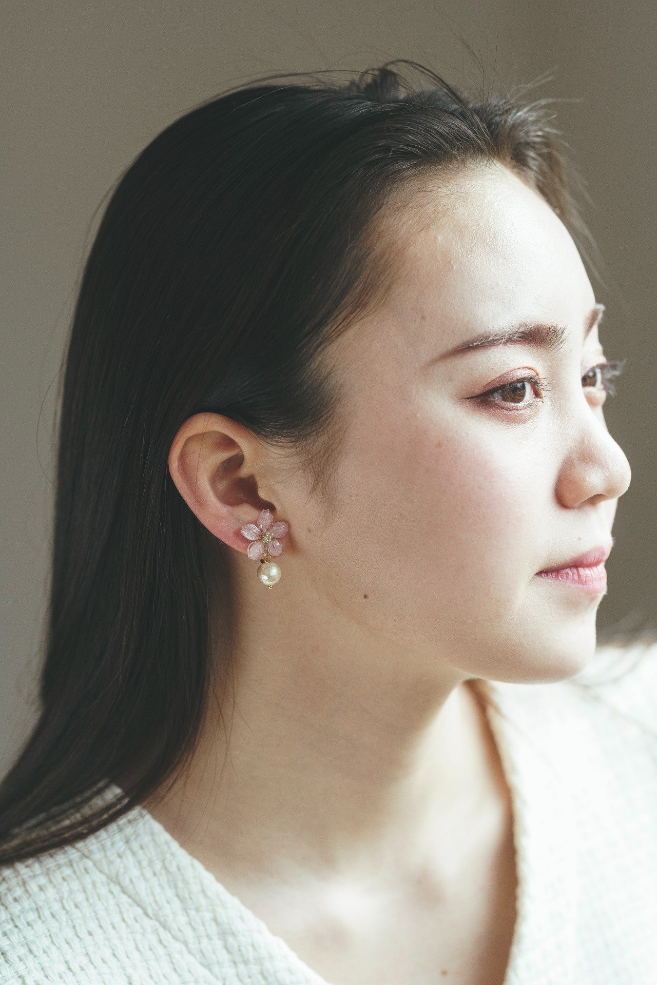 Small Someiyoshino Sakura Earrings with Japanese Cotton Pearl #S007