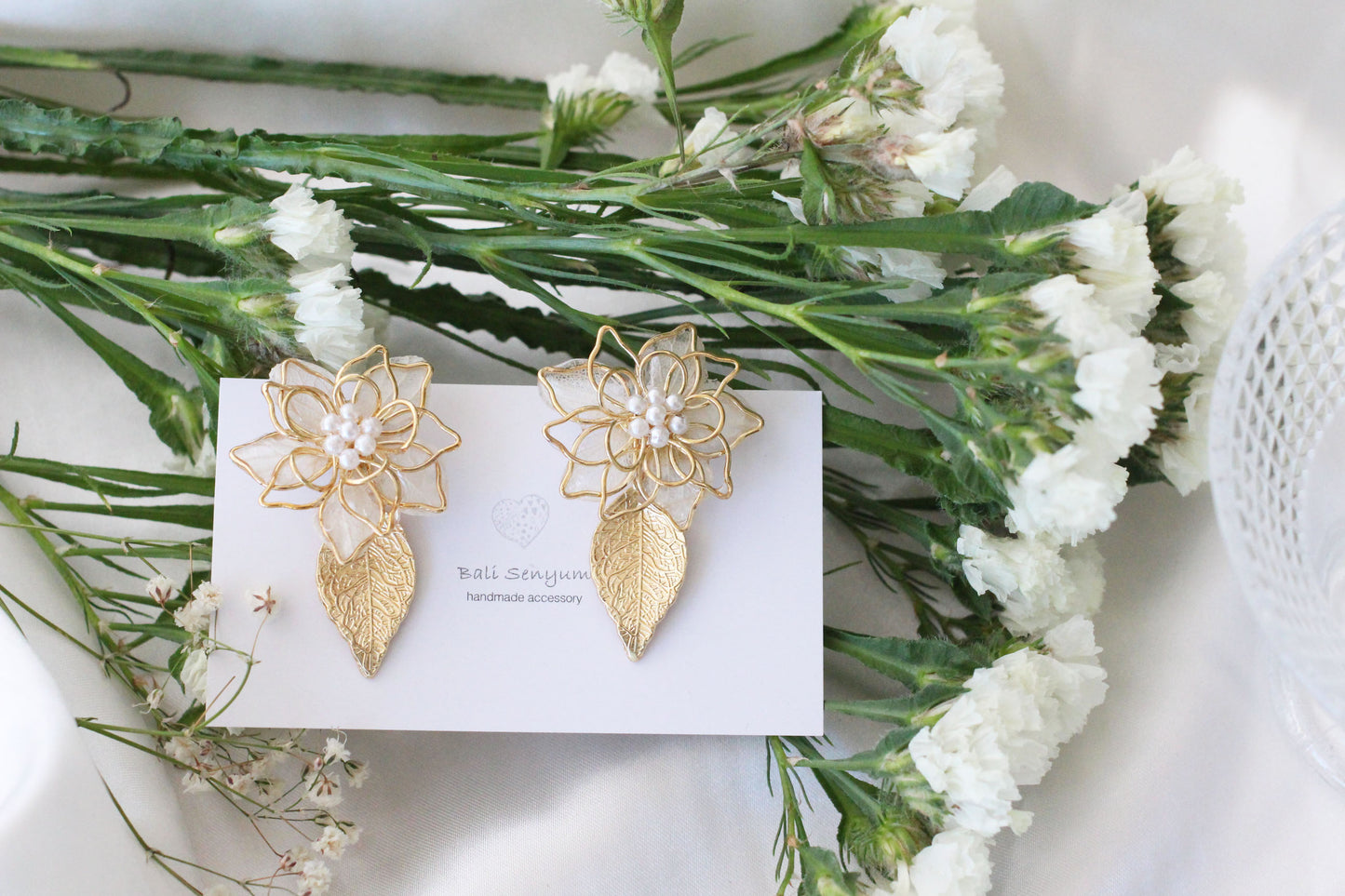 Three Layer Flower Earrings with Small Gold Leaf