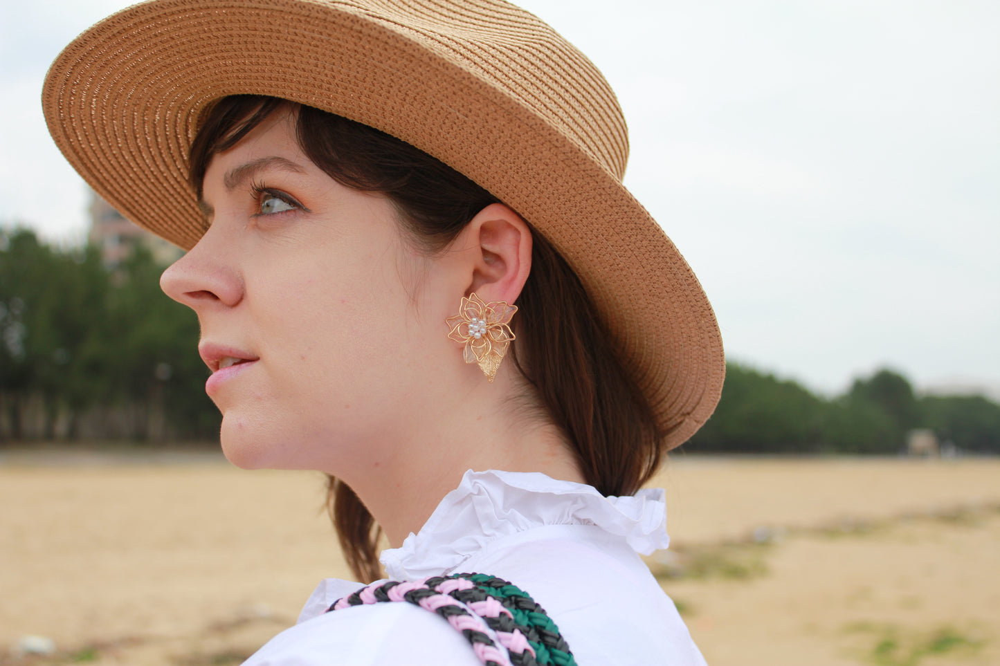 Three Layer Flower Earrings with Small Gold Leaf