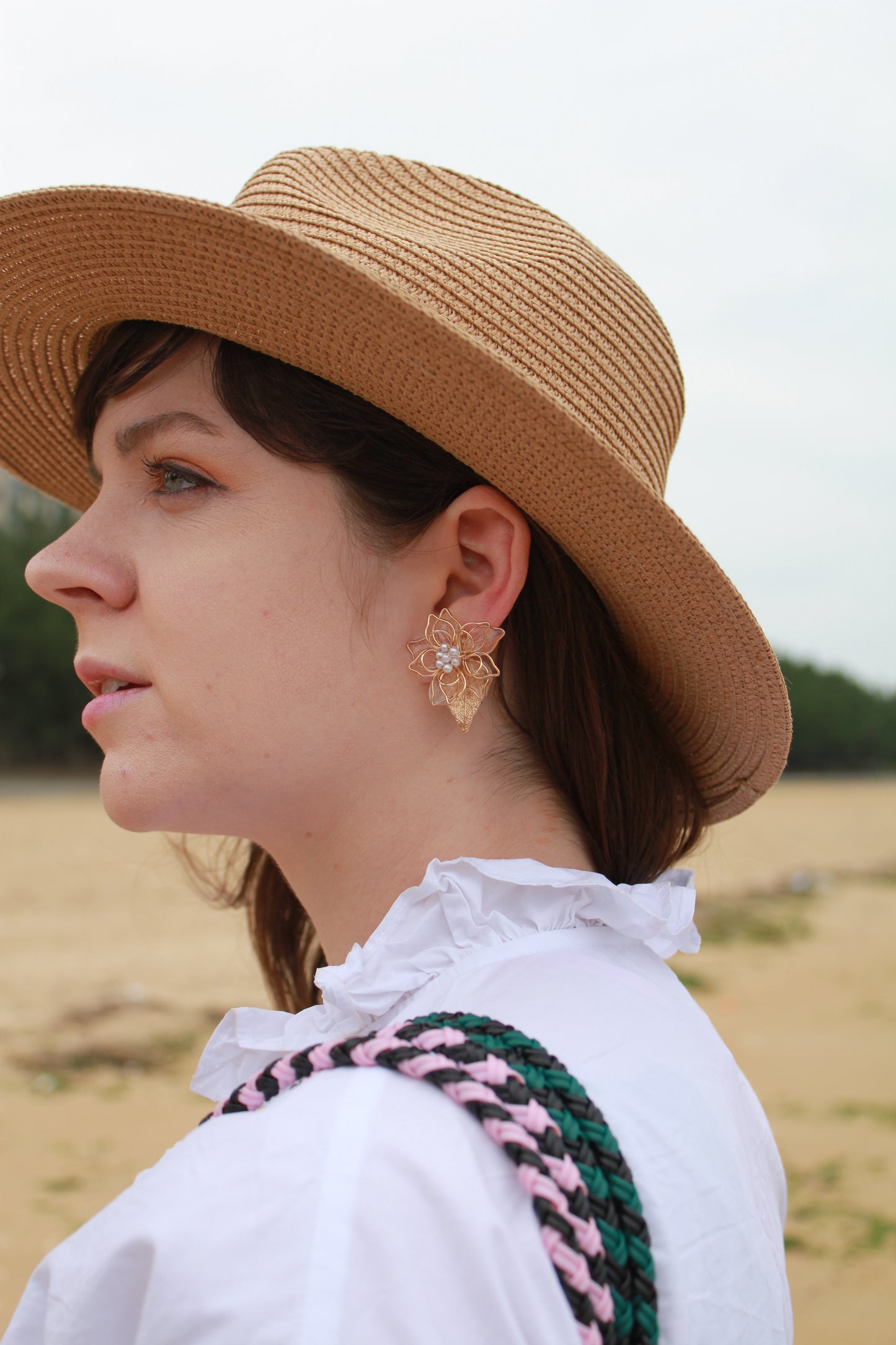 Three Layer Flower Earrings with Small Gold Leaf