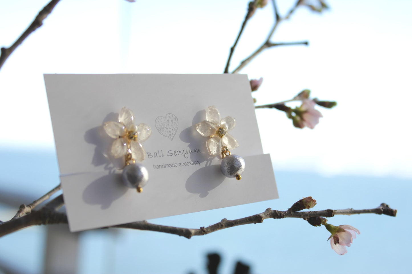 Small Someiyoshino Sakura Earrings with Japanese Cotton Pearl #S007