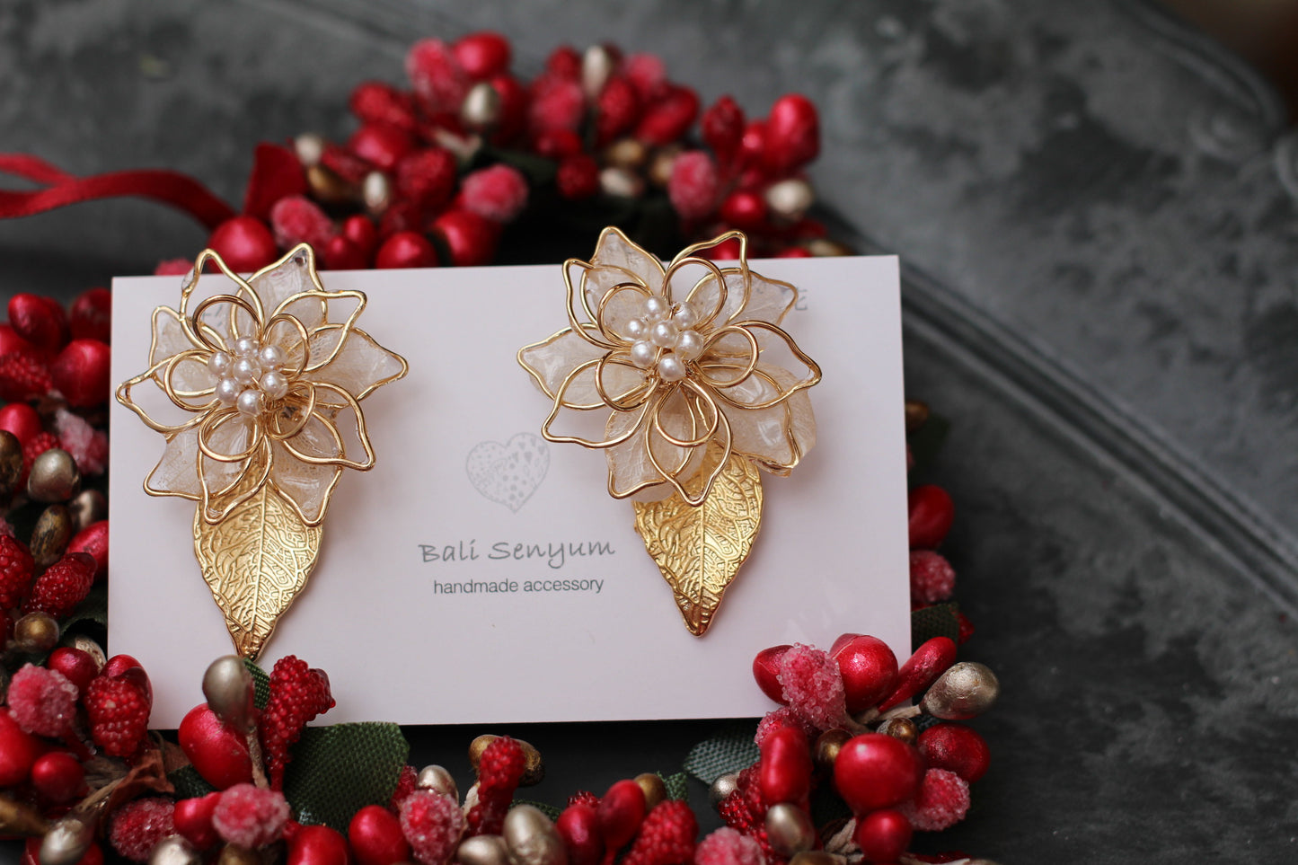 Three Layer Flower Earrings with Small Gold Leaf