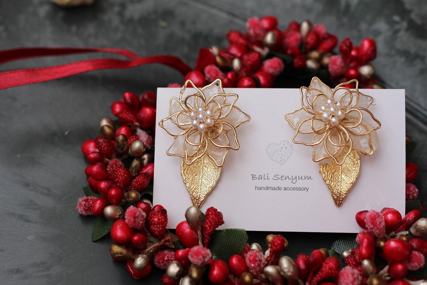 Three Layer Flower Earrings with Small Gold Leaf