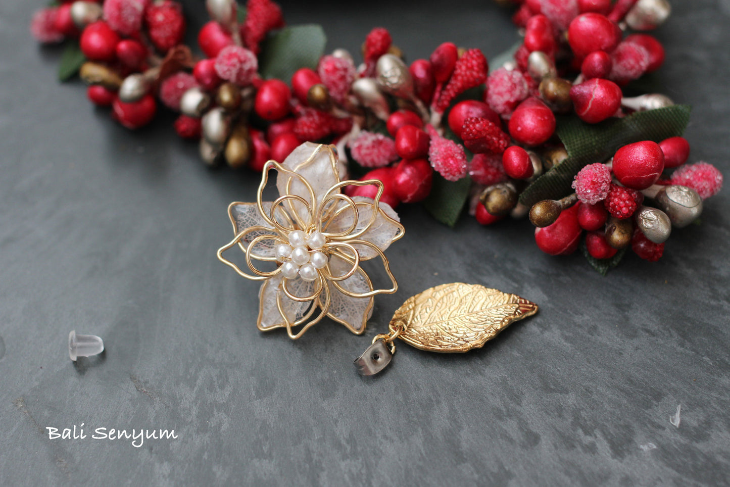 Three Layer Flower Earrings with Small Gold Leaf