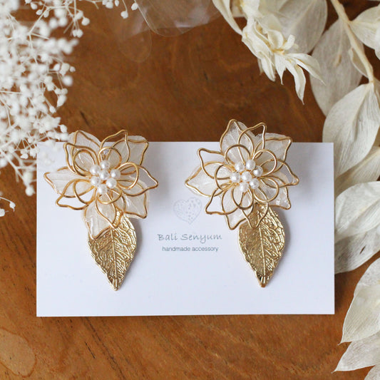 Three Layer Flower Earrings with Small Gold Leaf