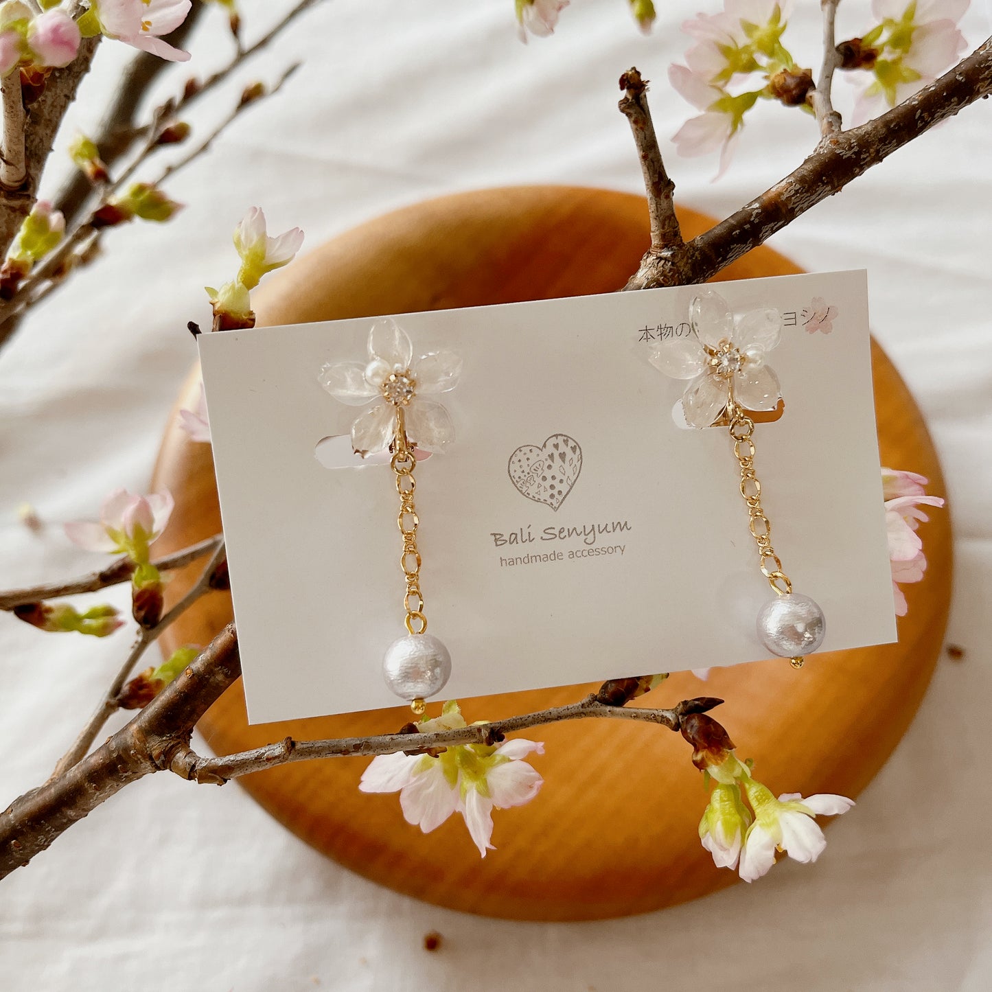Someiyoshino Sakura Earrings with Japanese Cotton Pearl Chain #S033