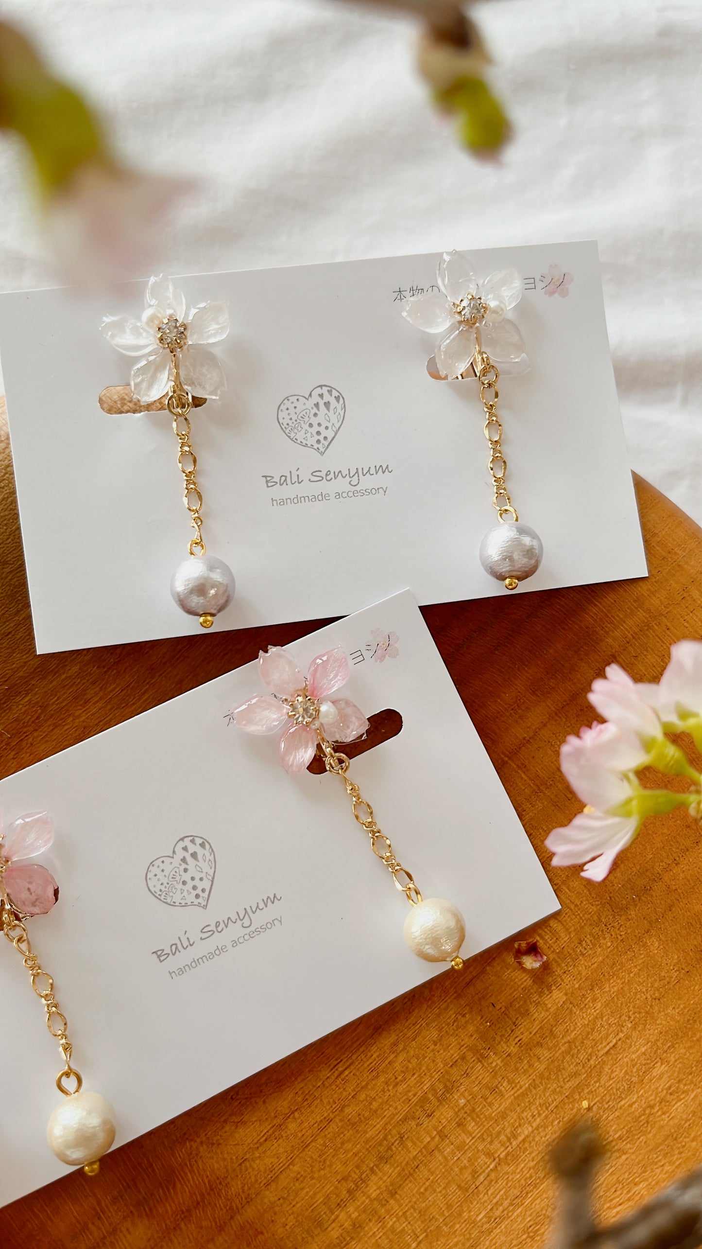 Someiyoshino Sakura Earrings with Japanese Cotton Pearl Chain #S033